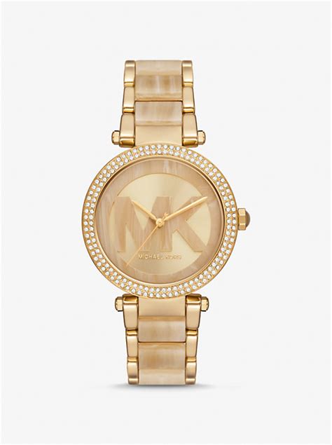 michael kors parker gold tone tortoise acetate watch|Parker Pavé Gold.